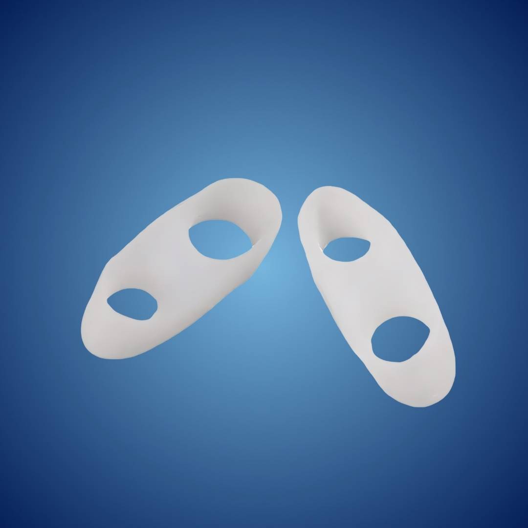 Soft silicone toe separators correcting bunions & hammertoes, providing foot pain relief & alignment.
