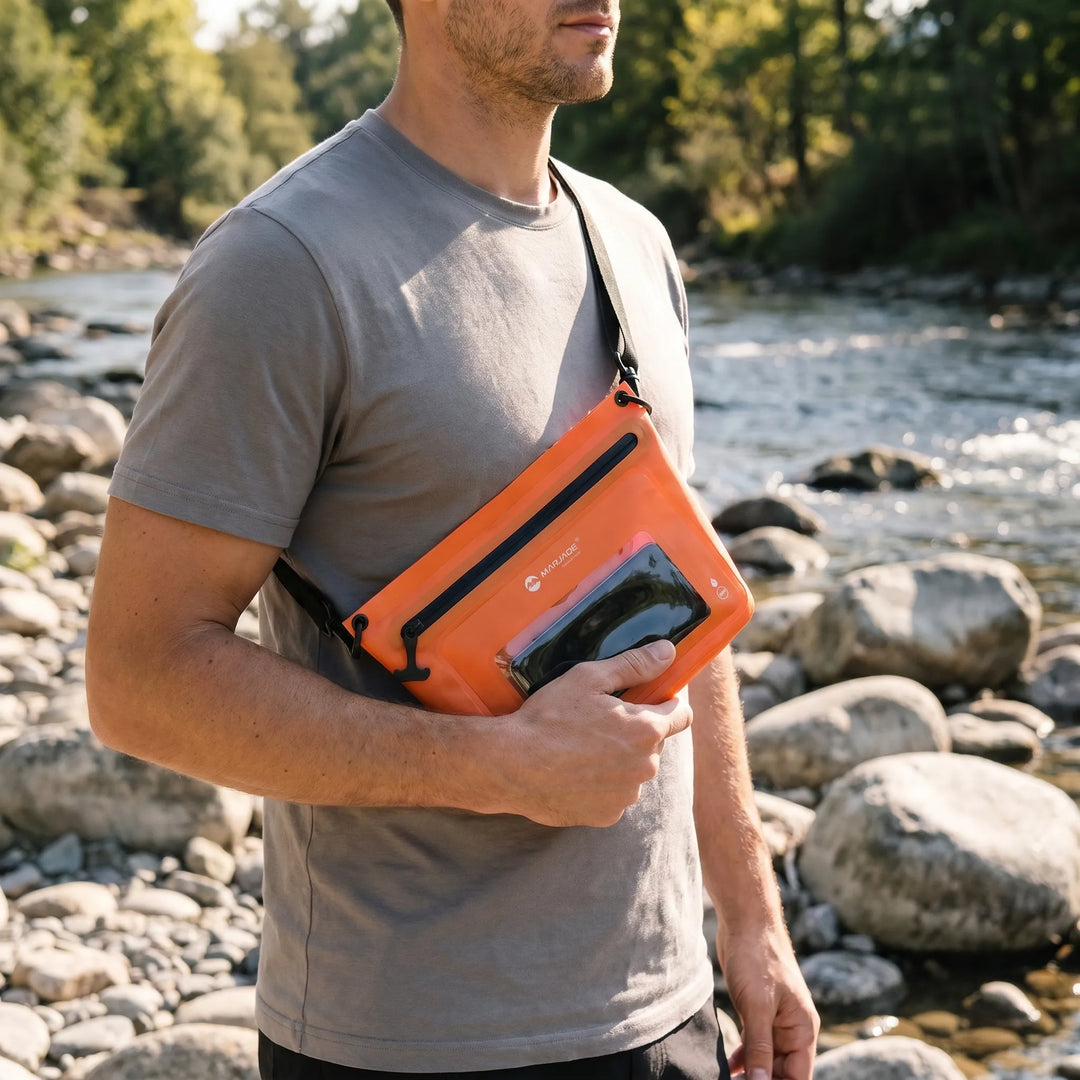 Unisex outdoor crossbody bag with touchscreen phone window, waterproof, perfect for travel & hiking.