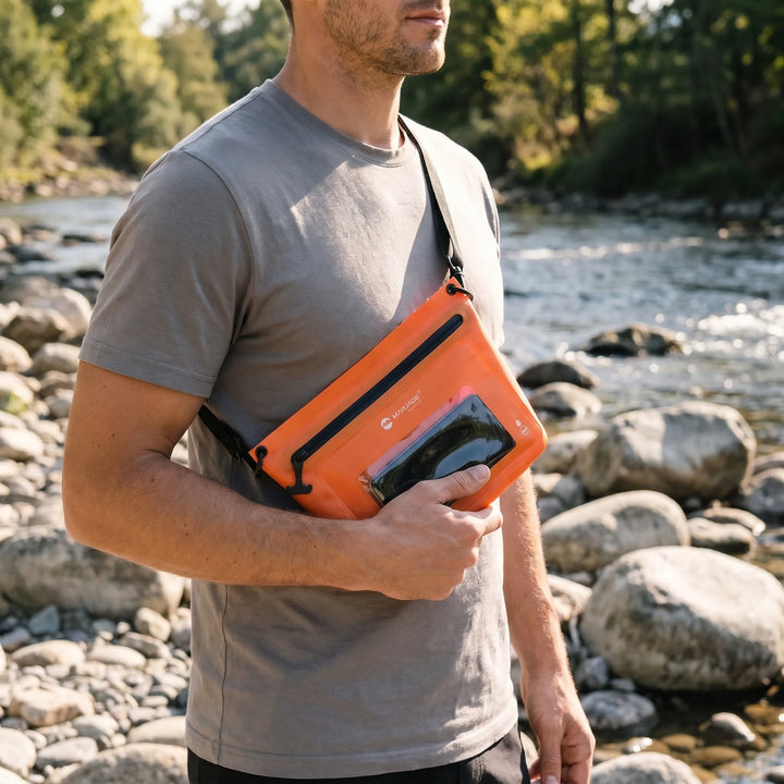 Unisex outdoor crossbody bag with touchscreen phone window, waterproof, perfect for travel & hiking.