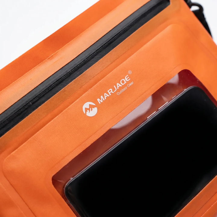 Outdoor crossbody bag with clear touchscreen window for phone, waterproof & durable for hiking/travel.
