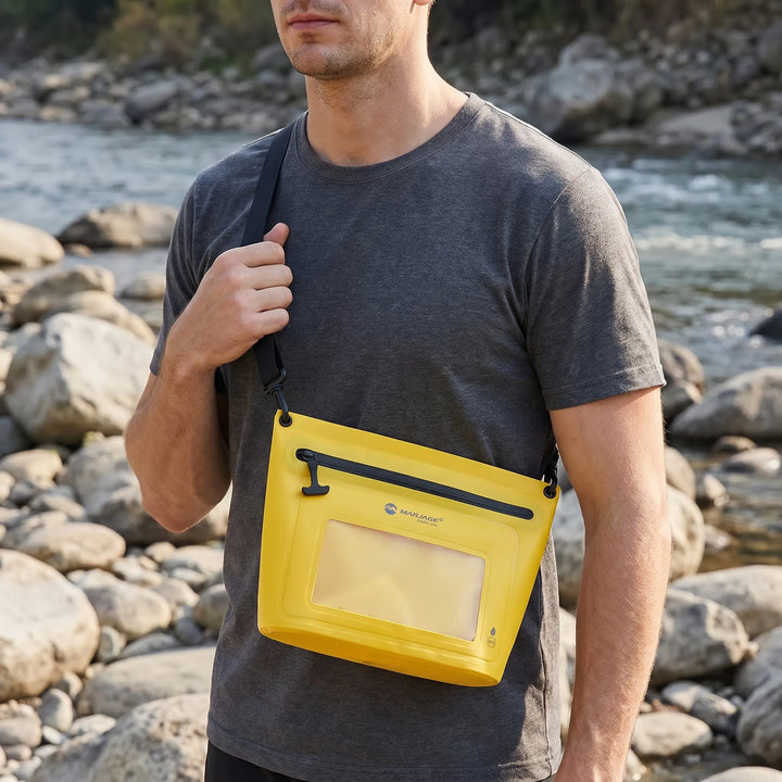 Unisex travel crossbody shoulder bag, waterproof with touchscreen phone holder, adventure gear.