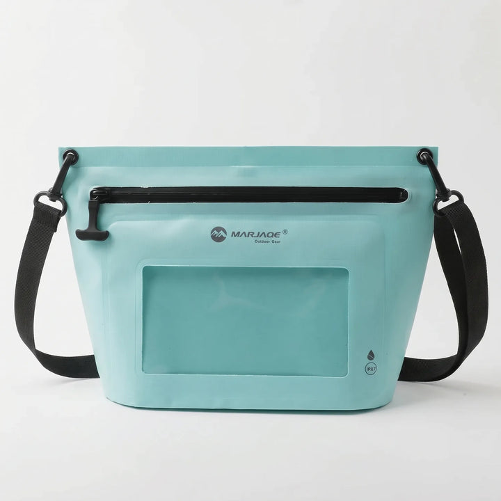 Waterproof dry bag crossbody with accessible touchscreen phone window, secure for outdoor use.