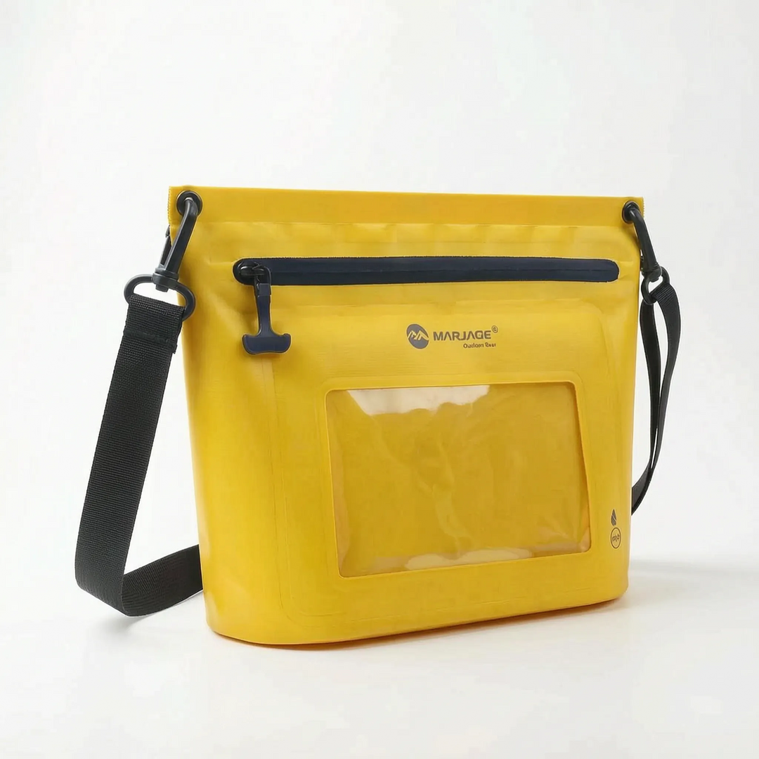 Durable unisex crossbody bag, waterproof, integrated touchscreen phone window for outdoor activities.