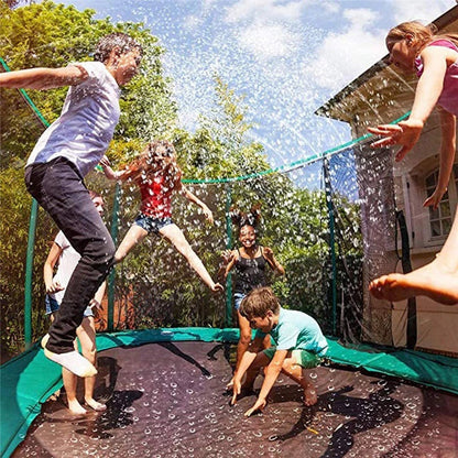 Unisex outdoor trampoline sprinkler for summer water fun, easily attaches to round trampolines.