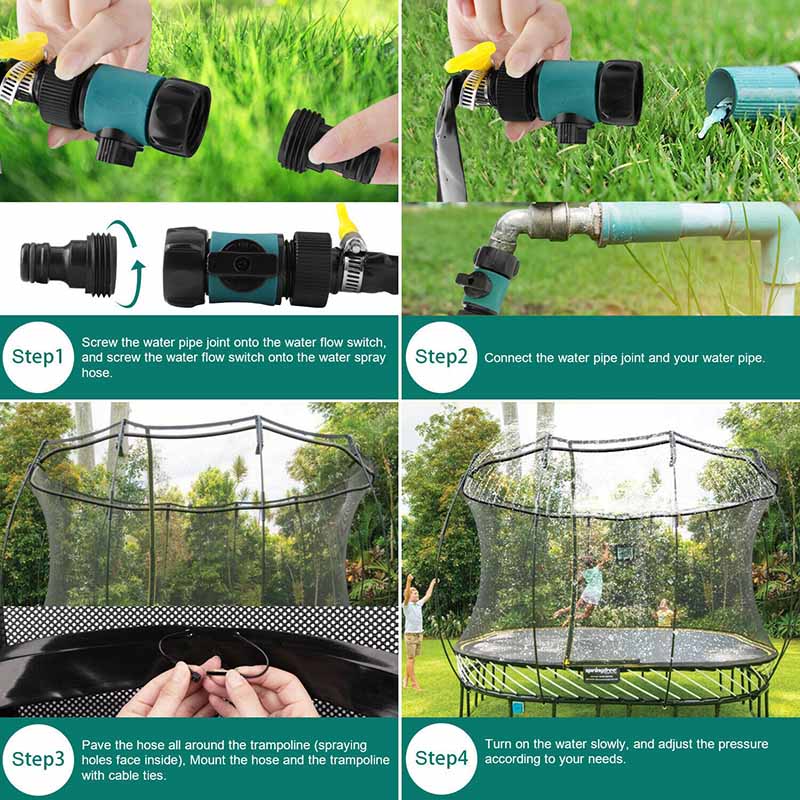 Trampoline water sprinkler accessory creating a cool mist for outdoor play and summer fun.