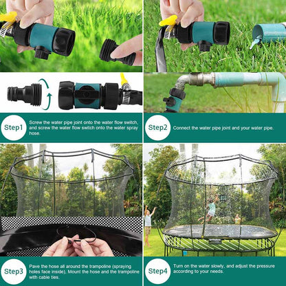 Trampoline water sprinkler accessory creating a cool mist for outdoor play and summer fun.