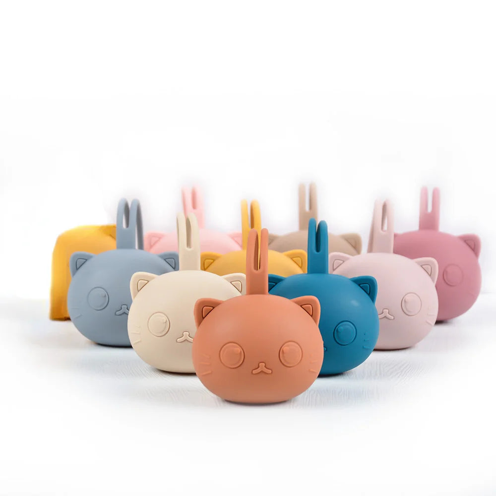 Unisex peach silicone pacifier holder, portable soother case with strap for baby travel.