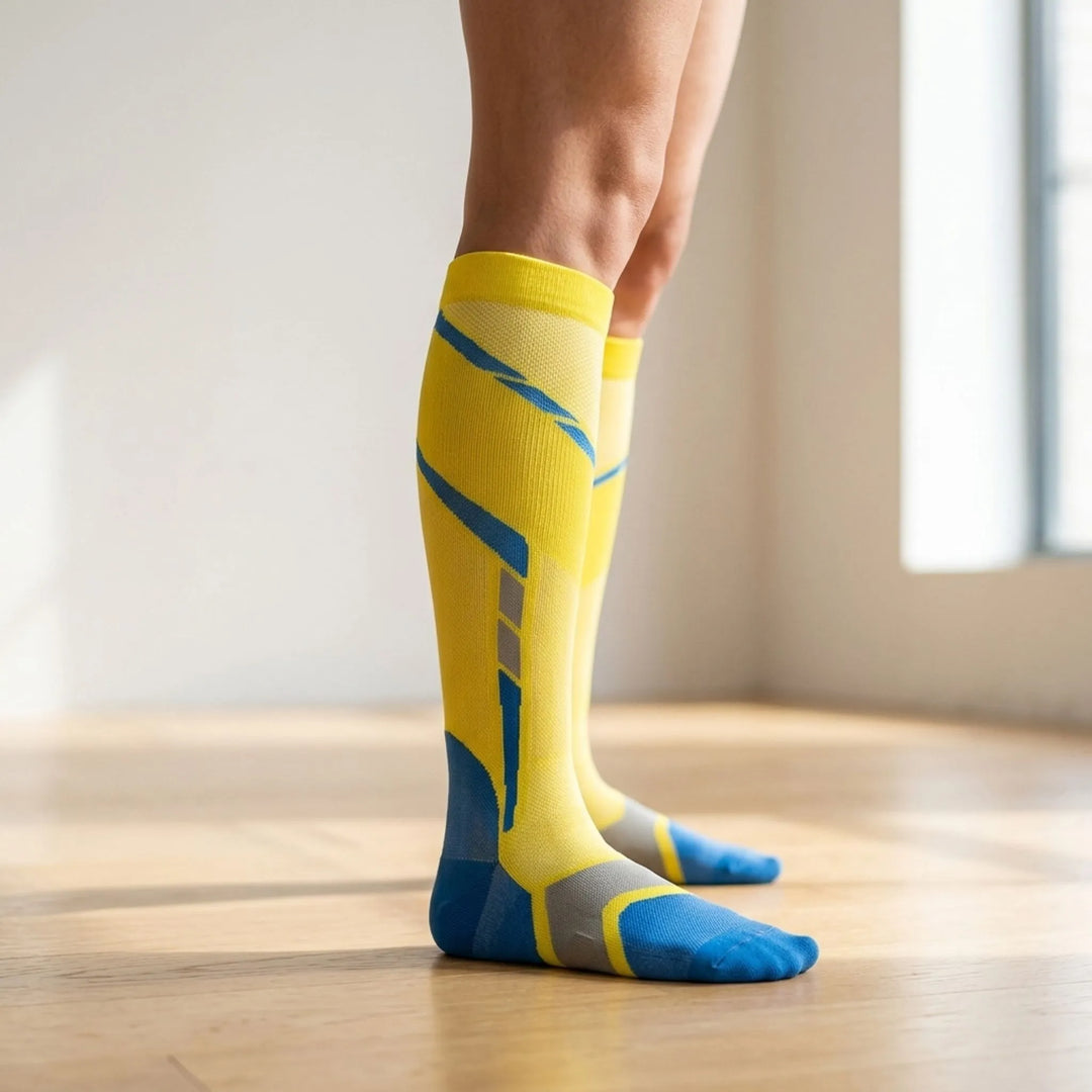 Unisex performance knee-high sports socks, black, offering compression & active support for athletes & runners.