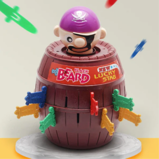 Unisex Pirate Popping Barrel family game with small pirate figure in barrel, great for kids' party fun
