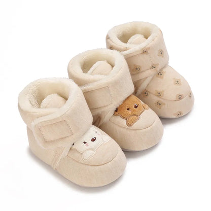 Plush infant footwear, bear baby booties with secure hook and loop closure