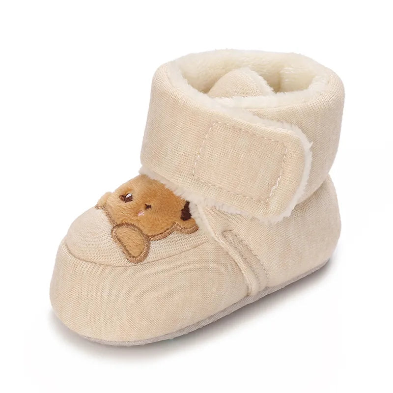 Adorable bear ear detail on plush baby booties, comfortable first walker shoes