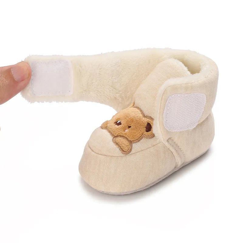 Collection of unisex plush bear baby booties in various sizes, warm infant shoes