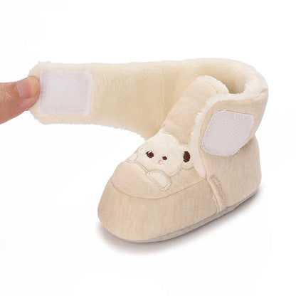 Soft sole baby booties with a cute bear design, perfect first walker shoes for infants