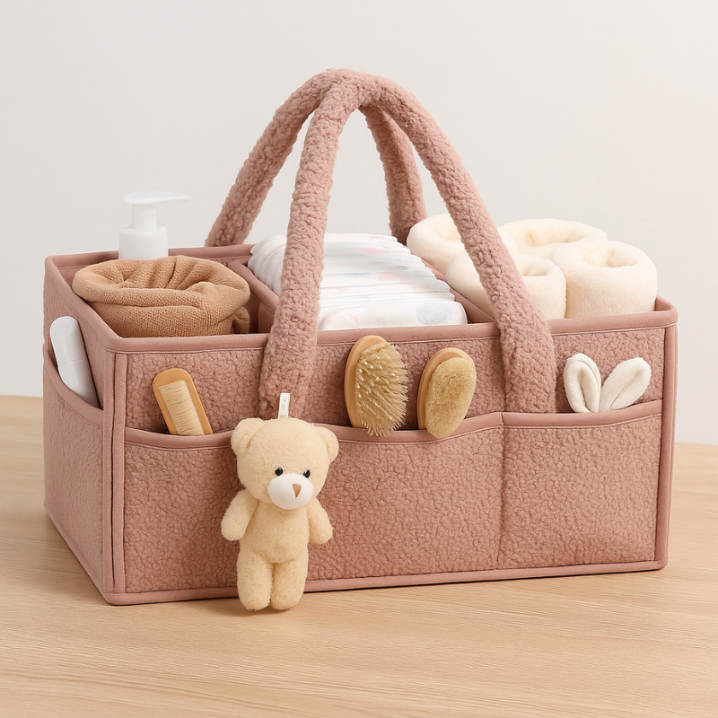 Unisex plush sherpa nursery storage caddy for baby diapers & essentials, soft texture, newborn gift.