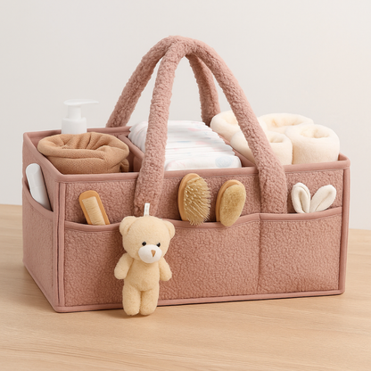 Unisex plush sherpa nursery storage caddy for baby diapers & essentials, soft texture, newborn gift.