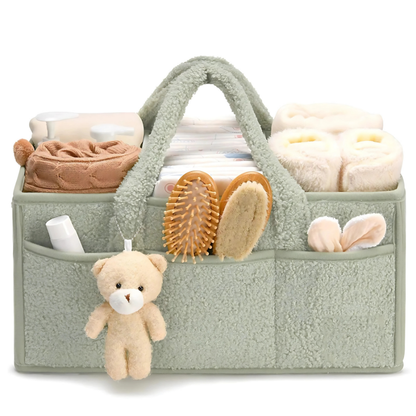 Plush sherpa baby storage caddy in a neutral tone, perfect for organizing nursery items and diapers.