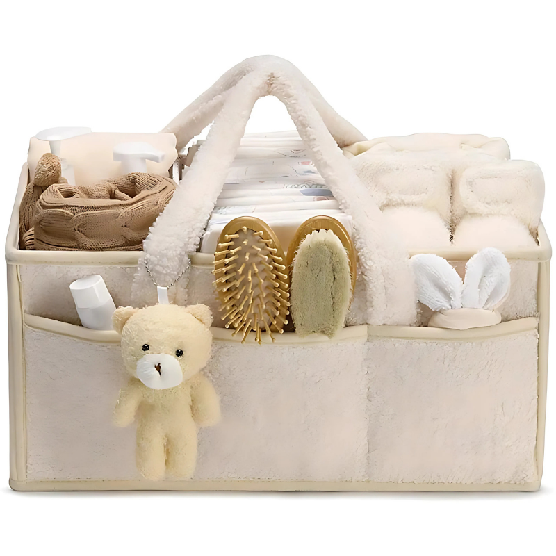 Soft sherpa baby caddy, ideal as a newborn gift or for organizing baby essentials in any nursery.