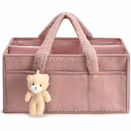 Unisex diaper caddy made of plush sherpa fabric, a stylish and functional baby storage solution.