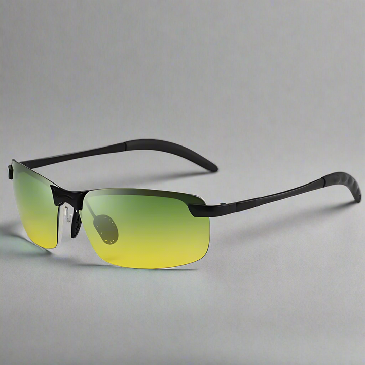 Lightweight unisex polarized sports sunglasses with photochromic lenses, black frame, gray lens, UV400 protection.