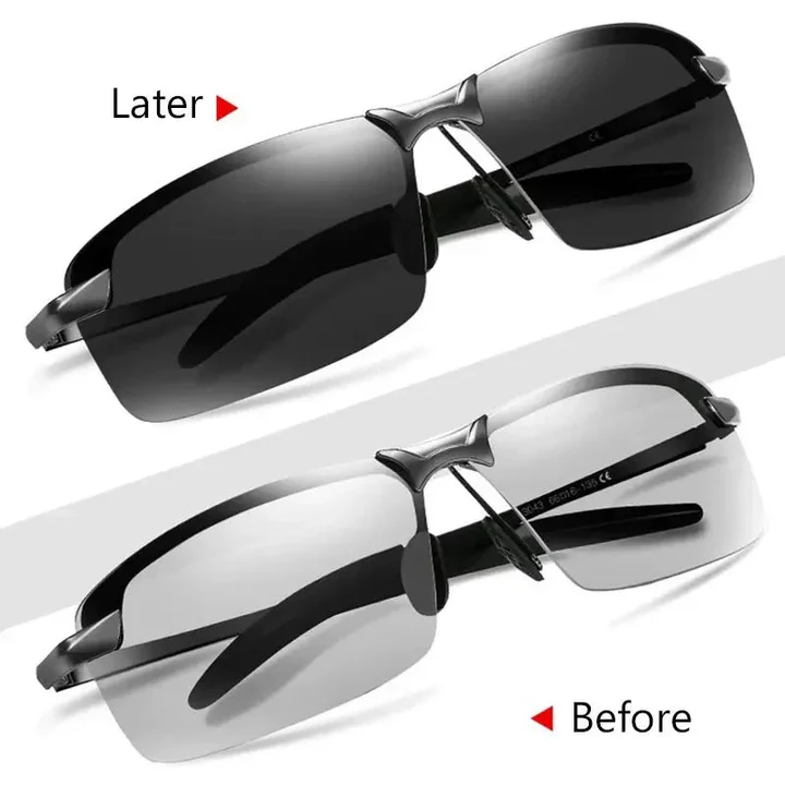 Adaptive unisex photochromic sunglasses with polarized lenses for glare reduction & UV400 eye protection.