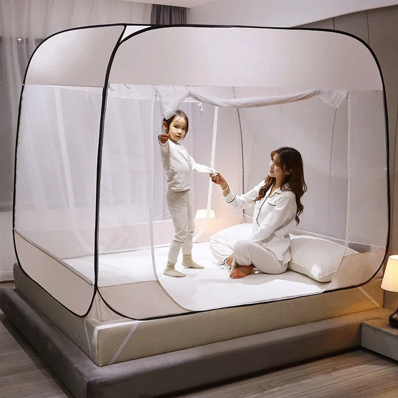 Unisex pop-up mosquito net tent for bed, portable insect protection for home or travel, easy setup.