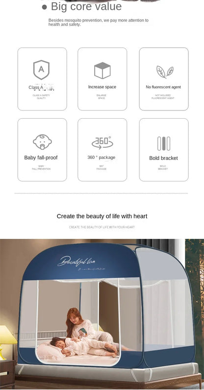 Pop-up mosquito net tent, durable and foldable for easy storage and travel insect protection.