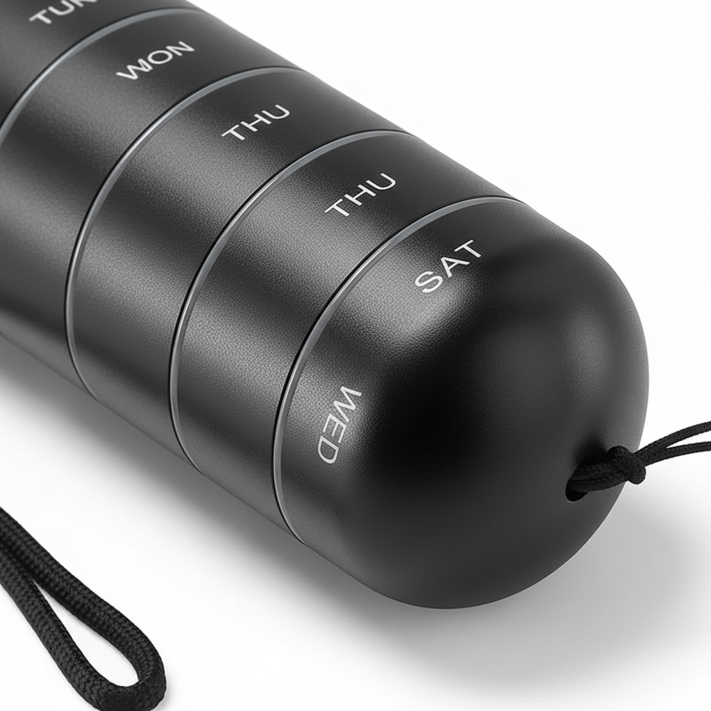 Sleek aluminum travel pill case, a durable and portable dispenser for daily medication.