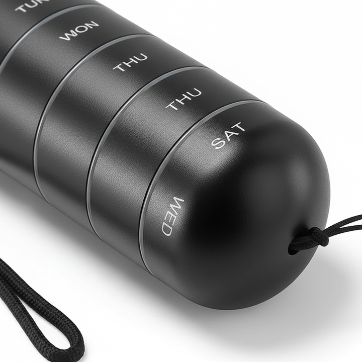 Sleek aluminum travel pill case, a durable and portable dispenser for daily medication.