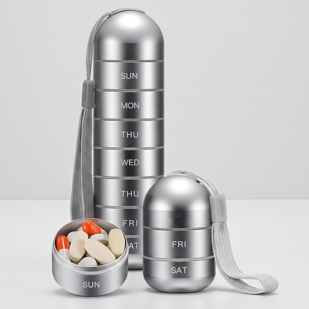 Waterproof aluminum pill box for secure medication storage, perfect for travel or daily use.