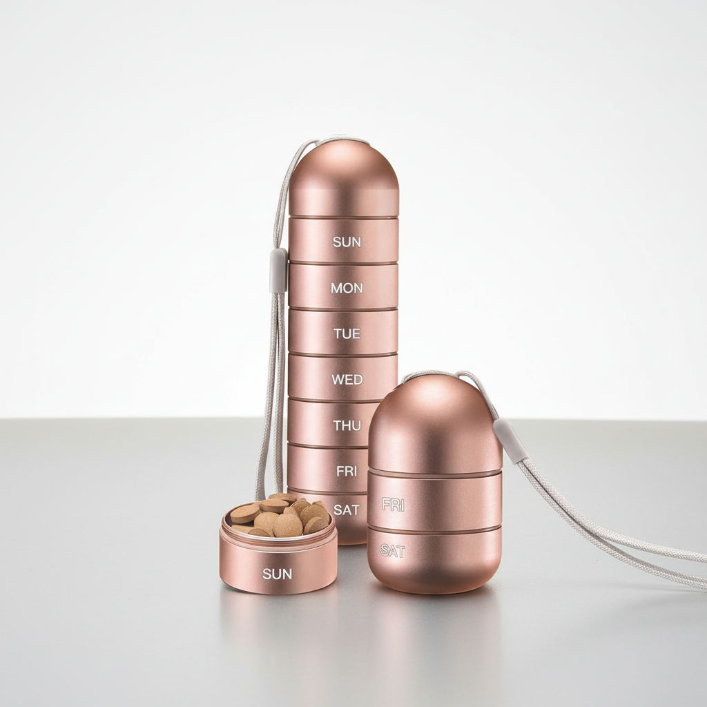 Unisex aluminum pill holder, a portable and waterproof organizer for daily and travel medication.