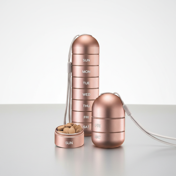 Unisex aluminum pill holder, a portable and waterproof organizer for daily and travel medication.
