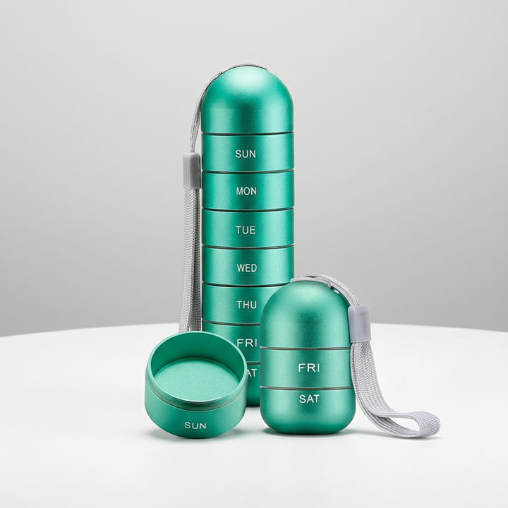 Durable aluminum pill organizer for daily medication, a compact and portable travel pill case.
