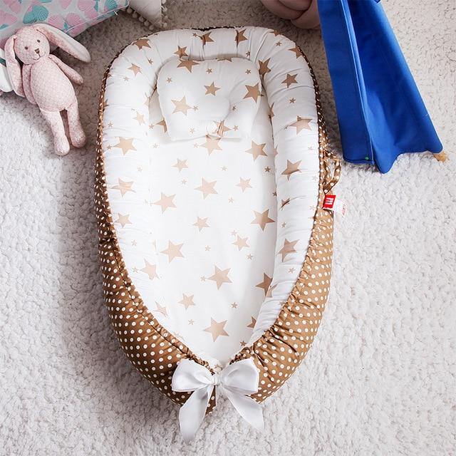 Soft cotton baby lounger, portable infant bed, unisex grey & white, ideal for nursery or gifting