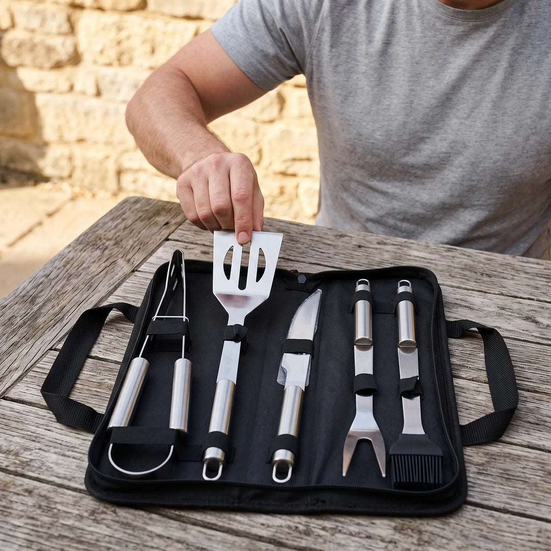 Unisex portable BBQ tool set in a compact case, perfect for outdoor grilling and camping adventures.