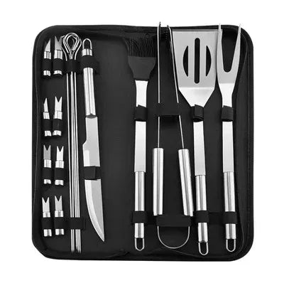 Premium stainless steel grill accessories set for outdoor cooking, includes all tools needed for BBQ.