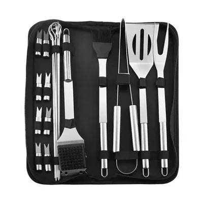 Robust unisex portable BBQ tool set, packed securely for camping, tailgating, and easy transport.