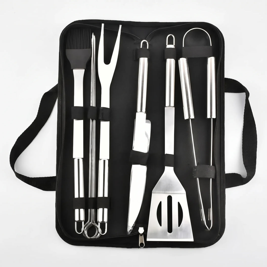 Stainless steel grill set for outdoor cooking, essential grilling accessories for tailgating & picnics.