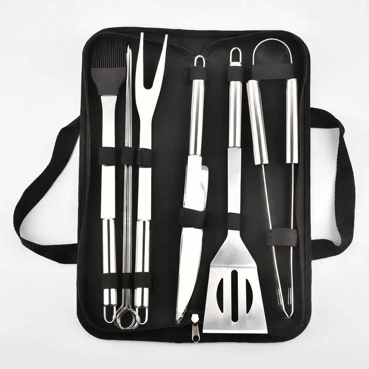 Stainless steel grill set for outdoor cooking, essential grilling accessories for tailgating & picnics.