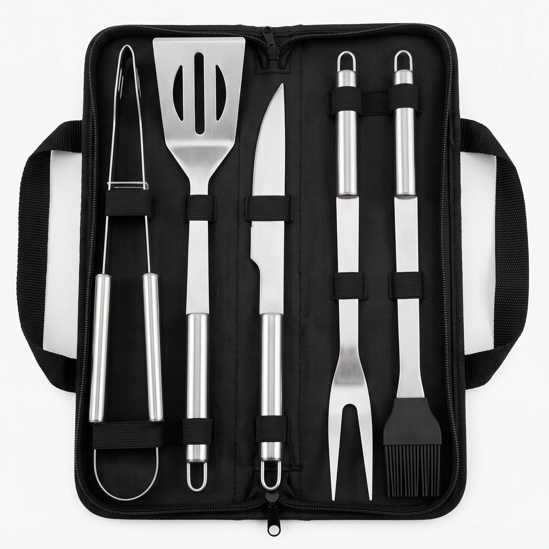 Durable stainless steel BBQ tools in a portable case, great for tailgating, picnics, and outdoor cooking.