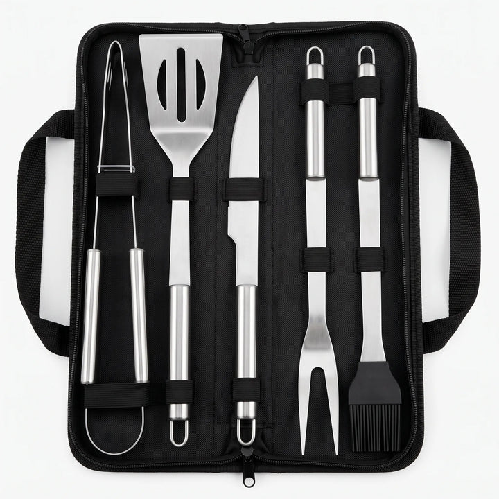 Durable stainless steel BBQ tools in a portable case, great for tailgating, picnics, and outdoor cooking.
