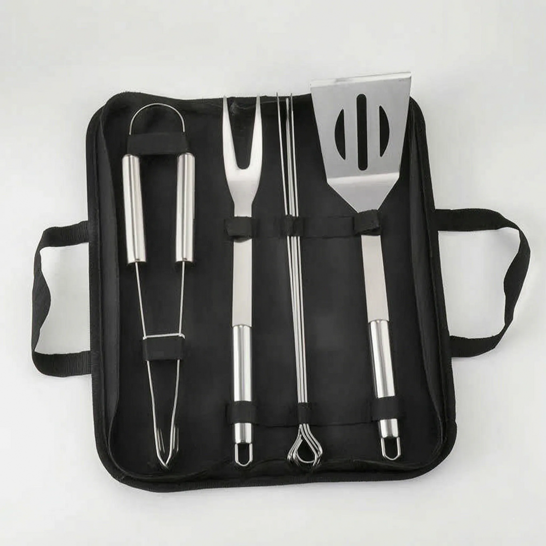 Unisex portable grill tool set, designed for convenience during camping trips and backyard cookouts.