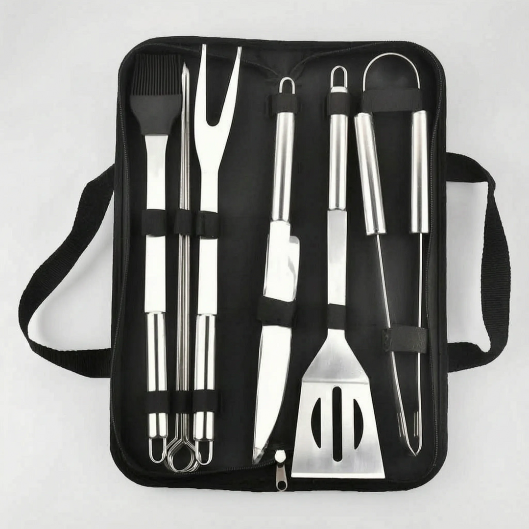 High-quality stainless steel BBQ set, a complete collection of grilling accessories for outdoor adventures.
