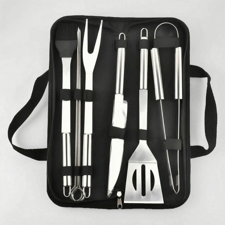 High-quality stainless steel BBQ set, a complete collection of grilling accessories for outdoor adventures.