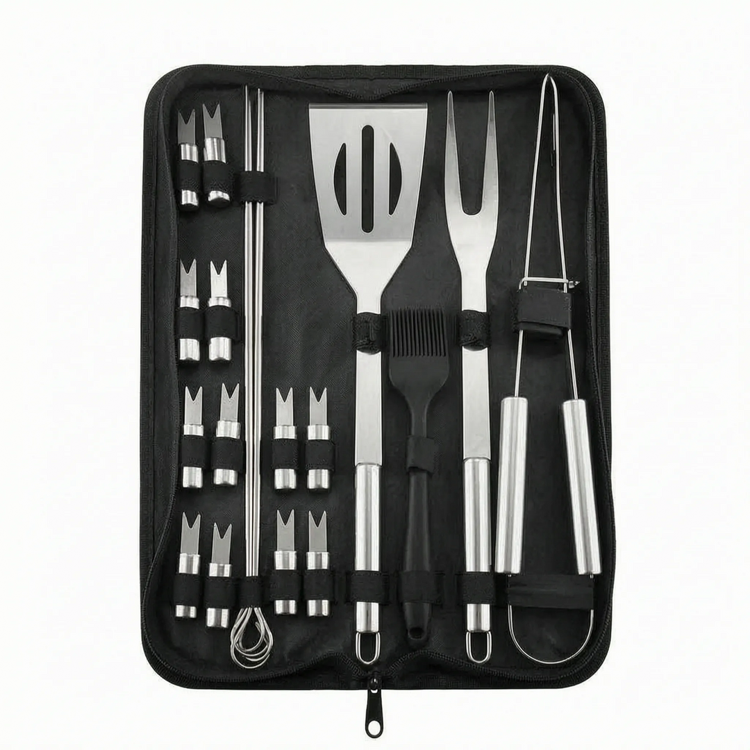 Essential portable BBQ tool kit for outdoor grilling, suitable for all cookout enthusiasts.