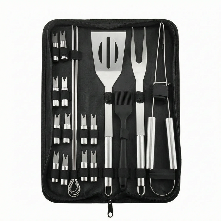 Essential portable BBQ tool kit for outdoor grilling, suitable for all cookout enthusiasts.