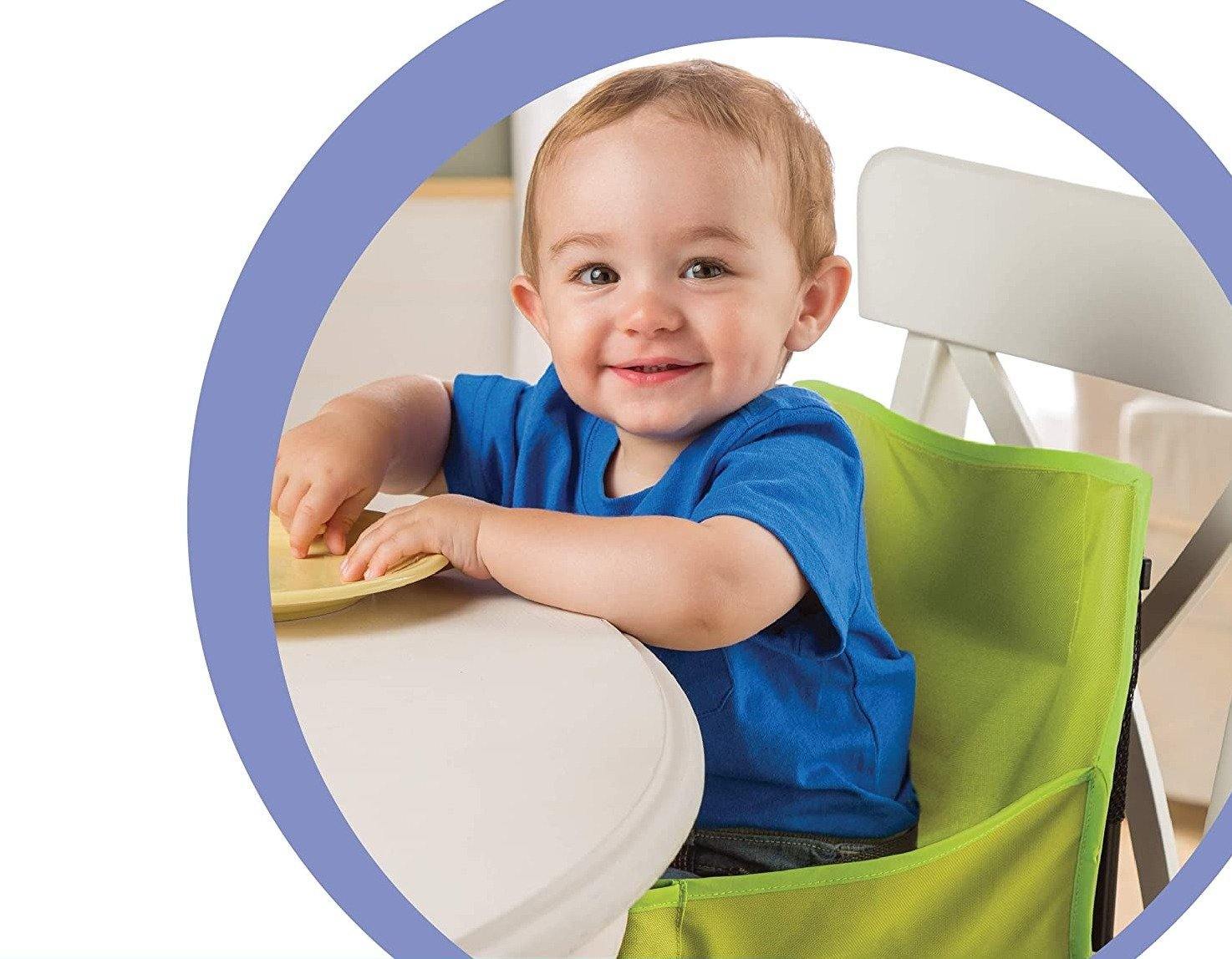 Toddler booster seat in black, compact and foldable, perfect for travel and on-the-go baby feeding