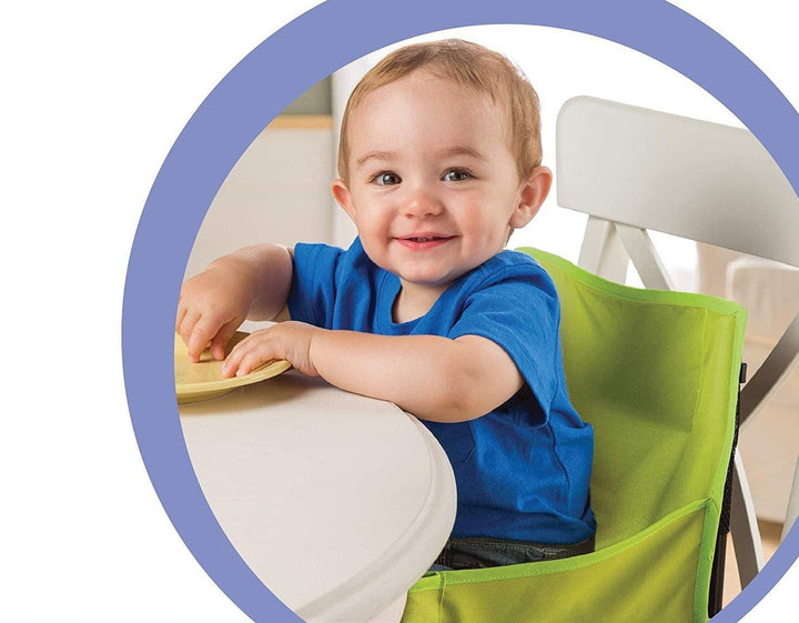 Toddler booster seat in black, compact and foldable, perfect for travel and on-the-go baby feeding