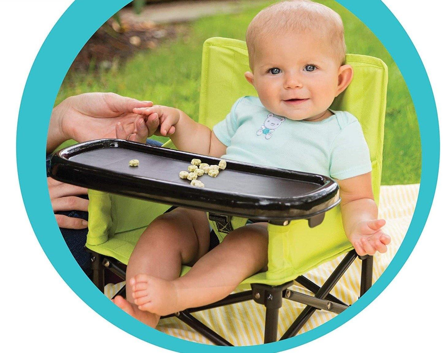 Baby feeding booster seat with adjustable straps securing it to a kitchen chair, ideal for infants