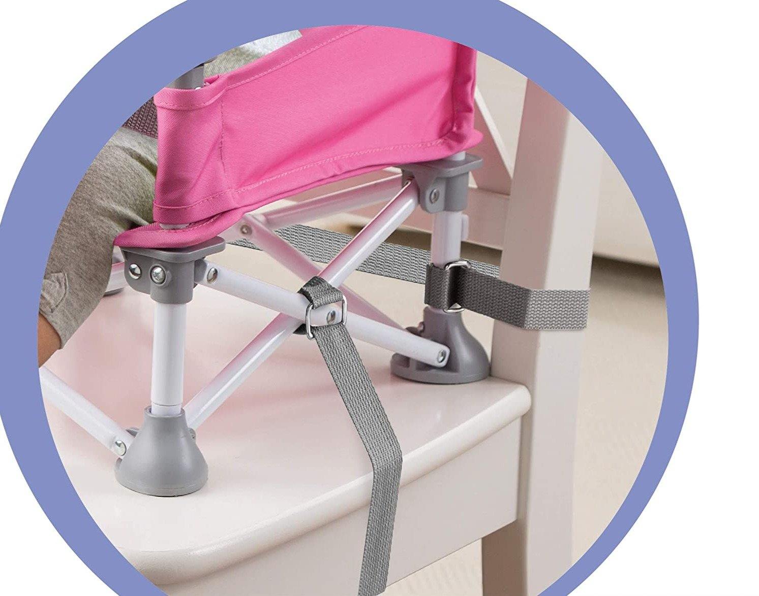 Child booster seat in a neutral color, demonstrating its quick setup for family dining anywhere