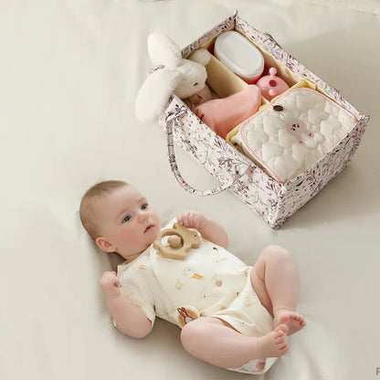 Unisex portable diaper organizer bag with compartments for nursery storage, beige polyester